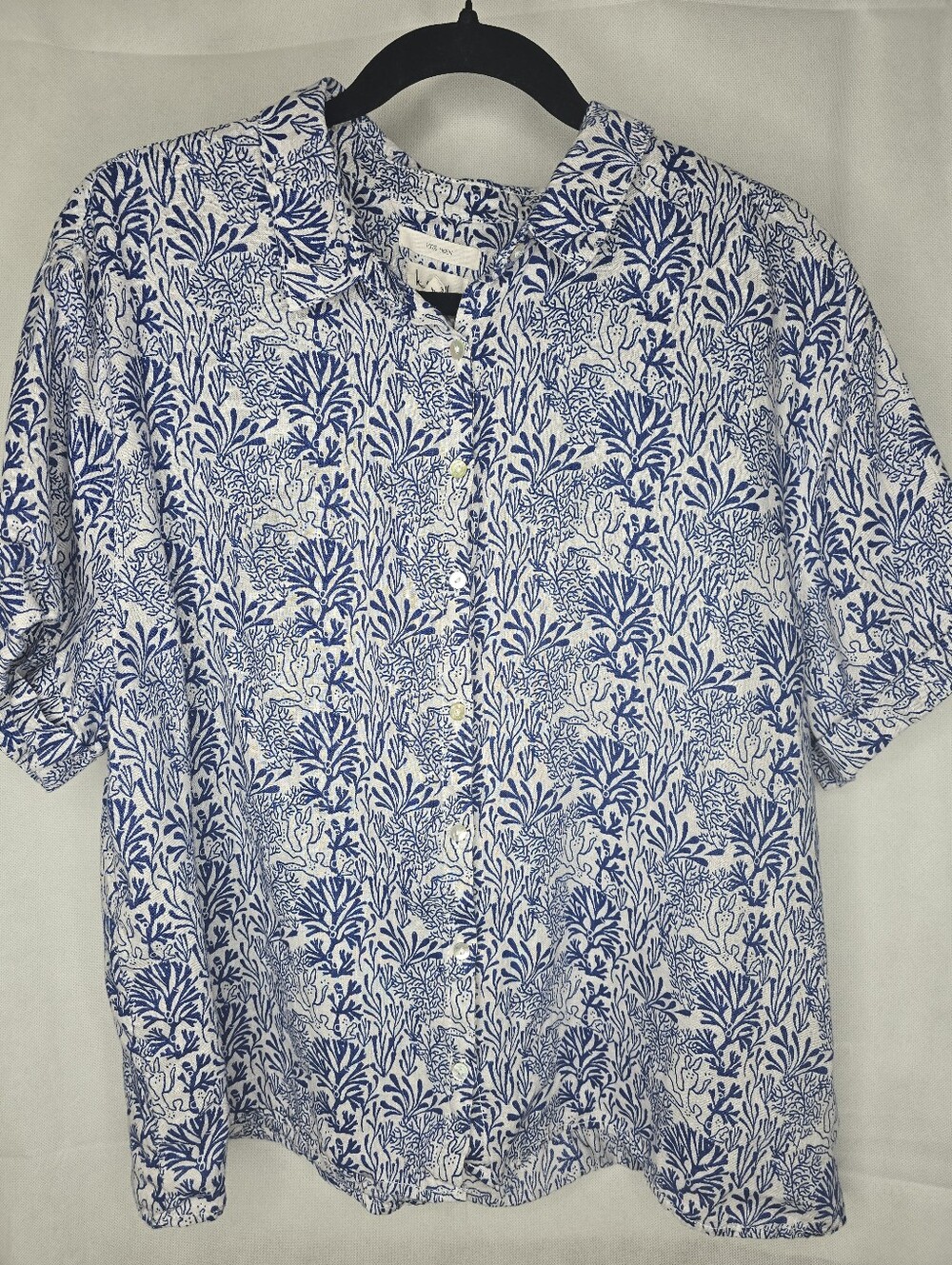 Nicole Miller Linen Top White Blue Ocean Coral Short Sleeve Button-Up Relaxed XL